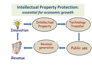 Intellectual Property Protection:
essential for economic growth
Intellectual
Property
Technology
Transfer
Innovation
Revenue
generation Public use
Revenue
 