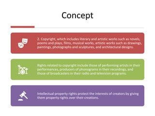 Concept
2. Copyright, which includes literary and artistic works such as novels,
poems and plays, films, musical works, artistic works such as drawings,
paintings, photographs and sculptures, and architectural designs.
Rights related to copyright include those of performing artists in their
performances, producers of phonograms in their recordings, and
those of broadcasters in their radio and television programs.
Intellectual property rights protect the interests of creators by giving
them property rights over their creations.
 