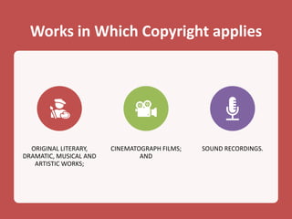 Works in Which Copyright applies
ORIGINAL LITERARY,
DRAMATIC, MUSICAL AND
ARTISTIC WORKS;
CINEMATOGRAPH FILMS;
AND
SOUND RECORDINGS.
 