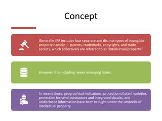 Concept
Generally, IPR includes four separate and distinct types of intangible
property namely — patents, trademarks, copyrights, and trade
secrets, which collectively are referred to as “intellectual property.”
However, it is including newer emerging forms.
In recent times, geographical indications, protection of plant varieties,
protection for semi-conductors and integrated circuits, and
undisclosed information have been brought under the umbrella of
intellectual property.
 