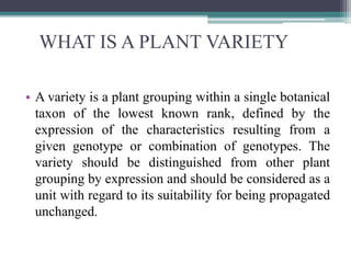 WHAT IS A PLANT VARIETY
• A variety is a plant grouping within a single botanical
taxon of the lowest known rank, defined by the
expression of the characteristics resulting from a
given genotype or combination of genotypes. The
variety should be distinguished from other plant
grouping by expression and should be considered as a
unit with regard to its suitability for being propagated
unchanged.
 