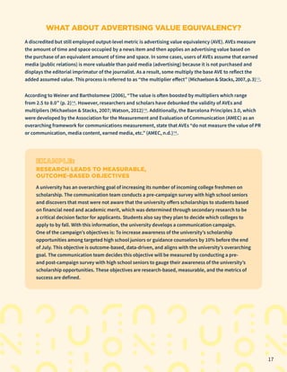 WHAT ABOUT ADVERTISING VALUE EQUIVALENCY?
A discredited but still employed output-level metric is advertising value equivalency (AVE). AVEs measure
the amount of time and space occupied by a news item and then applies an advertising value based on
the purchase of an equivalent amount of time and space. In some cases, users of AVEs assume that earned
media (public relations) is more valuable than paid media (advertising) because it is not purchased and
displays the editorial imprimatur of the journalist. As a result, some multiply the base AVE to reflect the
added assumed value. This process is referred to as “the multiplier effect” (Michaelson & Stacks, 2007,p.3)13.
According to Weiner and Bartholomew (2006), “The value is often boosted by multipliers which range
from 2.5 to 8.0” (p. 2)14. However, researchers and scholars have debunked the validity of AVEs and
multipliers (Michaelson & Stacks, 2007; Watson, 2012)15. Additionally, the Barcelona Principles 3.0, which
were developed by the Association for the Measurement and Evaluation of Communication (AMEC) as an
overarching framework for communications measurement, state that AVEs “do not measure the value of PR
or communication, media content, earned media, etc.” (AMEC, n.d.)16.
EXAMPLE:
RESEARCH LEADS TO MEASURABLE,
OUTCOME-BASED OBJECTIVES
A university has an overarching goal of increasing its number of incoming college freshmen on
scholarship. The communication team conducts a pre-campaign survey with high school seniors
and discovers that most were not aware that the university offers scholarships to students based
on financial need and academic merit, which was determined through secondary research to be
a critical decision factor for applicants. Students also say they plan to decide which colleges to
apply to by fall. With this information, the university develops a communication campaign.
One of the campaign’s objectives is: To increase awareness of the university’s scholarship
opportunities among targeted high school juniors or guidance counselors by 10% before the end
of July. This objective is outcome-based, data-driven, and aligns with the university’s overarching
goal. The communication team decides this objective will be measured by conducting a pre-
and post-campaign survey with high school seniors to gauge their awareness of the university’s
scholarship opportunities. These objectives are research-based, measurable, and the metrics of
success are defined.
17
 
