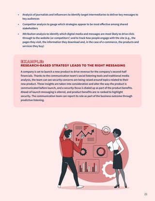 •	 Analysis of journalists and influencers to identify target intermediaries to deliver key messages to
key audiences
•	 Competitor analysis to gauge which strategies appear to be most effective among shared
stakeholders
•	 Attribution analysis to identify which digital media and messages are most likely to drive click-
through to the website (or competitors’) and to track how people engage with the site (e.g., the
pages they visit, the information they download and, in the case of e-commerce, the products and
services they buy)
EXAMPLE:
RESEARCH-BASED STRATEGY LEADS TO THE RIGHT MESSAGING
A company is set to launch a new product to drive revenue for the company’s second-half
financials. Thanks to the communication team’s social listening tools and traditional media
analysis, the team can see security concerns are being raised around topics related to their
new product. These insights are taken into consideration and alter the way the product is
communicated before launch, and a security-focus is dialed up as part of the product benefits.
Ahead-of-launch messaging is altered, and product benefits are re-ranked to highlight
security. The communication team can report its role as part of the business outcome through
predictive listening.
21
 