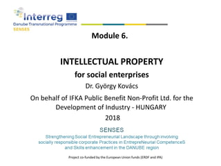 Module 6.
INTELLECTUAL PROPERTY
for social enterprises
Dr. György Kovács
On behalf of IFKA Public Benefit Non-Profit Ltd. for the
Development of Industry - HUNGARY
2018
Project co-funded by the European Union funds (ERDF and IPA)
 