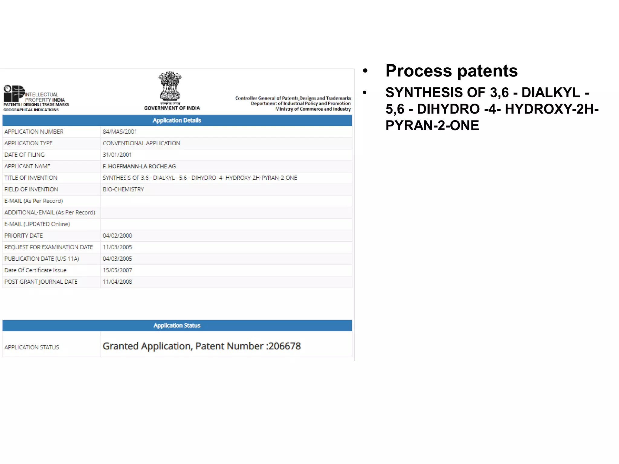 • Process patents
• SYNTHESIS OF 3,6 - DIALKYL -
5,6 - DIHYDRO -4- HYDROXY-2H-
PYRAN-2-ONE
 