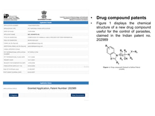 • Drug compound patents
• Figure 1 displays the chemical
structure of a new drug compound
useful for the control of parasites,
claimed in the Indian patent no.
202989
 