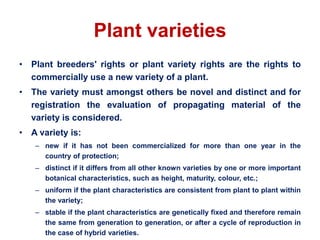 Plant varieties
• Plant breeders' rights or plant variety rights are the rights to
commercially use a new variety of a plant.
• The variety must amongst others be novel and distinct and for
registration the evaluation of propagating material of the
variety is considered.
• A variety is:
– new if it has not been commercialized for more than one year in the
country of protection;
– distinct if it differs from all other known varieties by one or more important
botanical characteristics, such as height, maturity, colour, etc.;
– uniform if the plant characteristics are consistent from plant to plant within
the variety;
– stable if the plant characteristics are genetically fixed and therefore remain
the same from generation to generation, or after a cycle of reproduction in
the case of hybrid varieties.
 