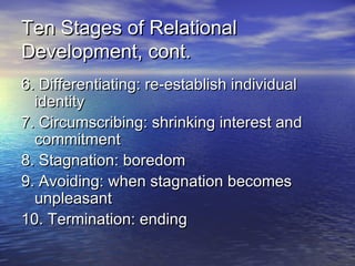 Ten Stages of RelationalTen Stages of Relational
Development, cont.Development, cont.
6. Differentiating: re-establish ind...
