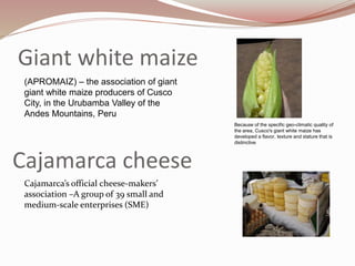 Giant white maize
(APROMAIZ) – the association of giant
giant white maize producers of Cusco
City, in the Urubamba Valley of the
Andes Mountains, Peru
Because of the specific geo-climatic quality of
the area, Cusco's giant white maize has
developed a flavor, texture and stature that is
distinctive
Cajamarca’s official cheese-makers’
association –A group of 39 small and
medium-scale enterprises (SME)
Cajamarca cheese
 