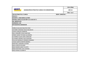 COD.:IPR44

                   ASIGNACIÓN DE PRACTICA CLINICA Y/O COMUNITARIA                      VER. 02

                                                                                      PAG: 1 de 1
TIPO DE PRACTICA: CLINICA                                           SEDE: CARACAS 1
CICLO #: 1
DOCENTE: JOSE MARIA ALFARO
FECHAS: AGOS 15,22,29 SEP 5,12,19,26 OCT 3
DIA: MIERCOLES
HORARIOS: 6:00
ESTUDIANTES ASIGNADOS


CAÑOLA GALLEGO WALTER STEIN
CASTAÑO CARDONA DIEGO MAURICIO
CORTES GIRALDO JENNIFER
DÍAZ LONDOÑO JOHN SHNEYDER
GÓMEZ SAENZ TATIANA ALEJANDRA
GUTIERREZ ALZATE ANYI CAROLINA
GUTIERREZ MUÑOZ YISETH MILENA
HOLGUIN MORALES YERIMEN XIOMARA
LOAIZA GARCÍA JENIFER ANDREA
MARTINEZ CARDONA VIVIANA
MAYA GARCÍA RICHARD
MAZO MARIN SARAY YULIETH
MENA RENTERÍA LEIDY JOHANA
MESA HENAO ELIZABETH
 