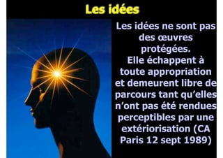 Les idées

Février 2008

Les idées ne sont pas
des œuvres
protégées.
Elle échappent à
toute appropriation
et demeurent libre de
parcours tant qu’elles
n’ont pas été rendues
perceptibles par une
extériorisation (CA
Paris 12 sept 1989)

 