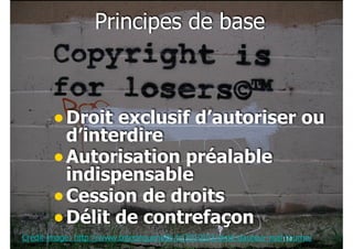 Principes de base

• Droit exclusif d’autoriser ou
d’interdire
• Autorisation préalable
indispensable
• Cession de droits
• Délit de contrefaçon

Crédit image: http://www.tetedequenelle.fr/2010/03/droit-dauteur-mal-tourne/
!114

 