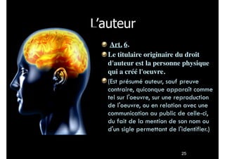 L’auteur
 Art. 6.
Le titulaire originaire du droit
d'auteur est la personne physique
qui a créé l'oeuvre.
(Est présumé auteur, sauf preuve
contraire, quiconque apparaît comme
tel sur l'oeuvre, sur une reproduction
de l'oeuvre, ou en relation avec une
communication au public de celle-ci,
du fait de la mention de son nom ou
d'un sigle permettant de l'identifier.)

25

 
