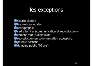 les exceptions
Courte citation
les licences légales
reprographie
cadre familial (communication et reproduction)
compte rendus d’actualité
reproduction ou communication accessoire
parodie pastiche
domaine public (70 ans)

!127

 