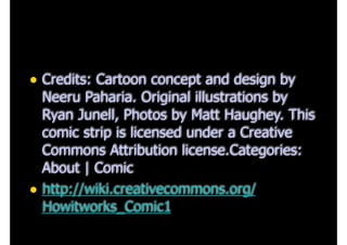 • Credits: Cartoon concept and design by

Neeru Paharia. Original illustrations by
Ryan Junell, Photos by Matt Haughey. This
comic strip is licensed under a Creative
Commons Attribution license.Categories:
About | Comic
• http://wiki.creativecommons.org/
Howitworks_Comic1

 