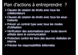 Plan d’actions à entreprendre ?
!Clauses de cession de droits avec tous les

collaborateurs
!Clauses de cession de droits avec tous les soustraitants
!Prévoir un contrat type avec tous les modes
d’utilisation
!Vérification des autorisations pour toute œuvre
utilisée dans la communication
!Protection contre les tiers des œuvres réalisées en
interne
!Préciser les responsabilités éditoriales

 
