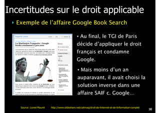 Incertitudes sur le droit applicable
!

Exemple de l’affaire Google Book Search
• Au final, le TGI de Paris
décide d’appliquer le droit
français et condamne
Google.
• Mais moins d’un an
auparavant, il avait choisi la
solution inverse dans une
affaire SAIF c. Google…
Source: Lionel Maurel

http://www.slideshare.net/calimaq/droit-de-linternet-et-de-linformation-complet

!36

 