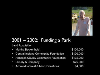 2001 – 2002:  Funding a Park Land Acquisition Martha Beckenholdt $100,000 Central Indiana Community Foundation $100,000 Hancock County Community Foundation $135,000 Eli Lilly & Company   $25,000 Accrued Interest & Misc. Donations   $4,300 
