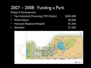 2007 – 2008:  Funding a Park Phase 2 Development Tax Increment Financing (TIF) District $400,000 Home Depot   $2,000 Hancock Regional Hospital   $1,300 Wal-Mart   $1,000 