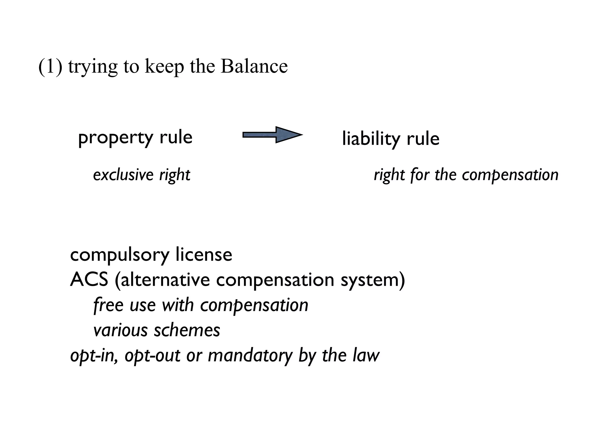 property rule exclusive right liability rule compulsory license ACS (alternative compensation system) free use with compensation various schemes opt-in, opt-out or mandatory by the law right for the compensation (1) trying to keep the Balance 