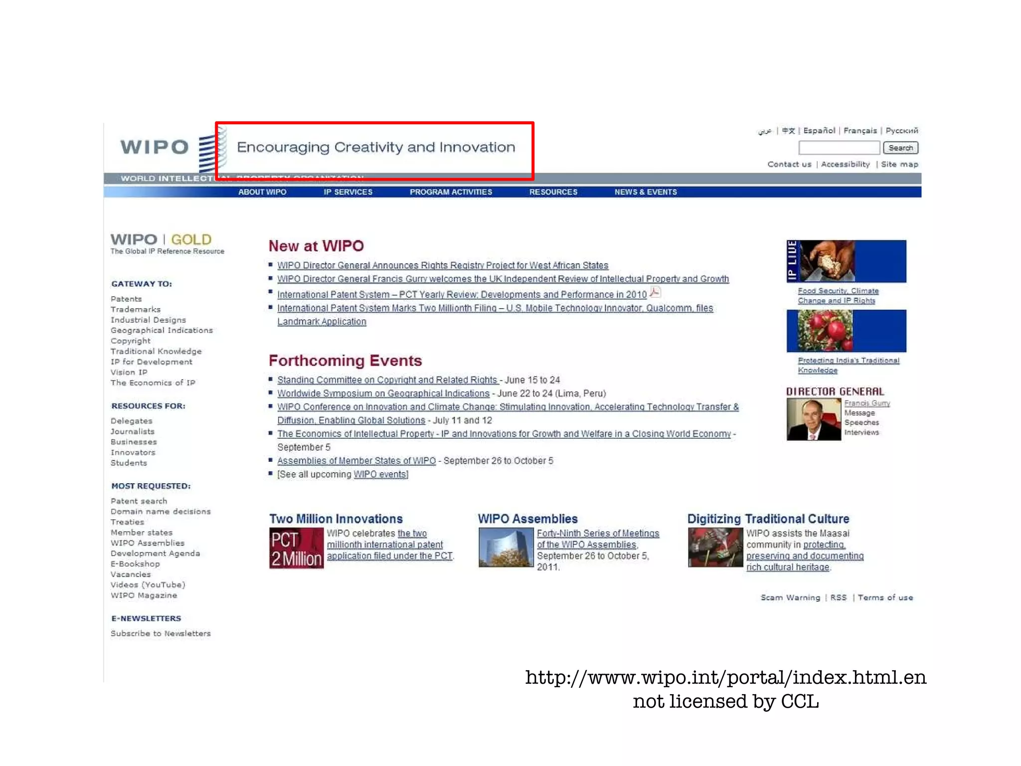 http://www.wipo.int/portal/index.html.en not licensed by CCL 