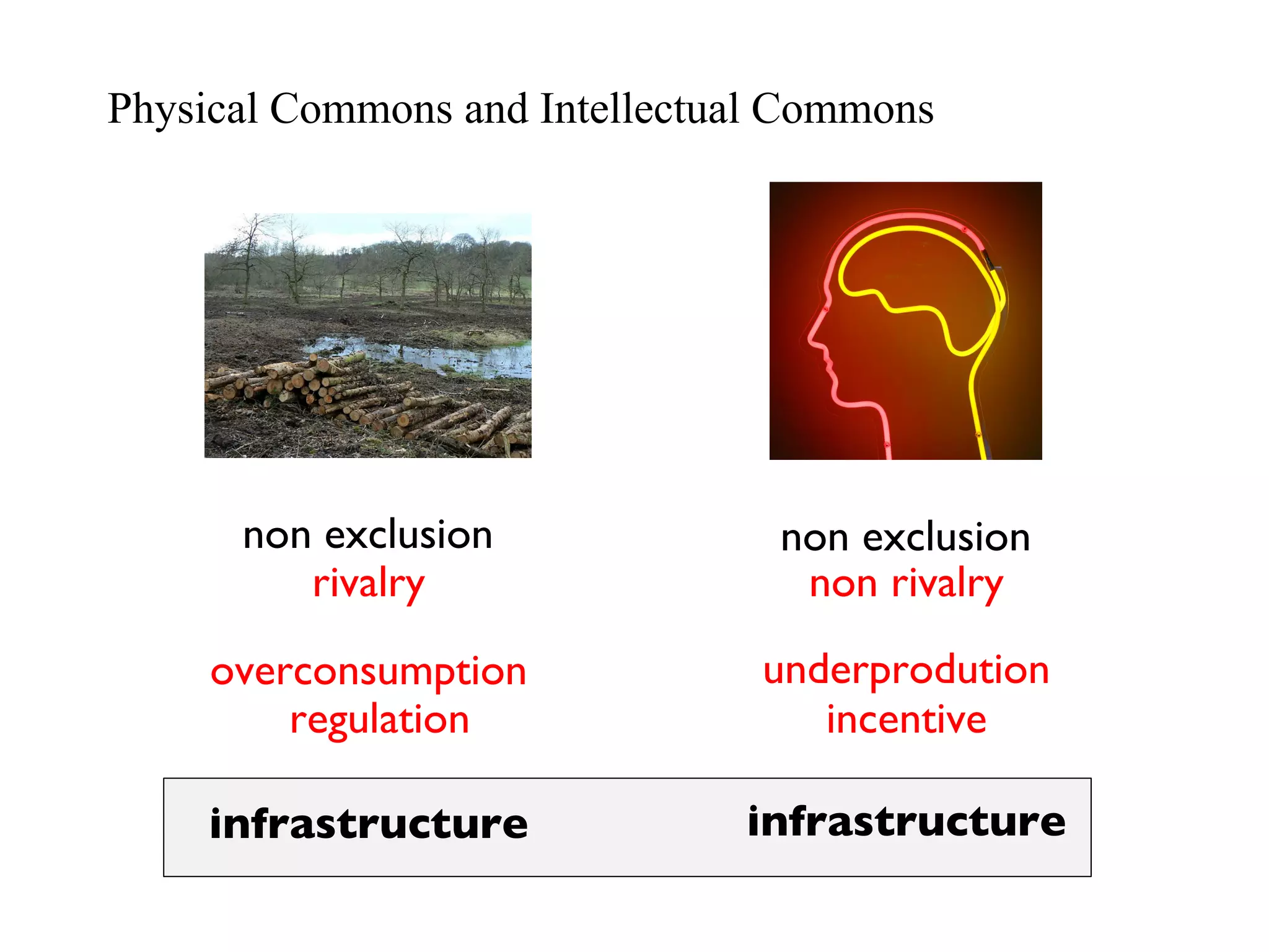 non exclusion rivalry non exclusion non rivalry underprodution overconsumption incentive regulation Physical Commons and Intellectual Commons infrastructure infrastructure 