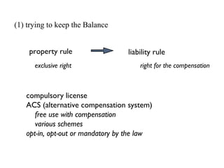 property rule exclusive right liability rule compulsory license ACS (alternative compensation system) free use with compensation various schemes opt-in, opt-out or mandatory by the law right for the compensation (1) trying to keep the Balance 