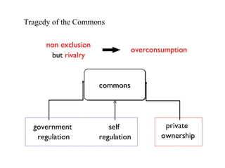 commons non exclusion but  rivalry Tragedy of the Commons private  ownership government  regulation self  regulation overconsumption 