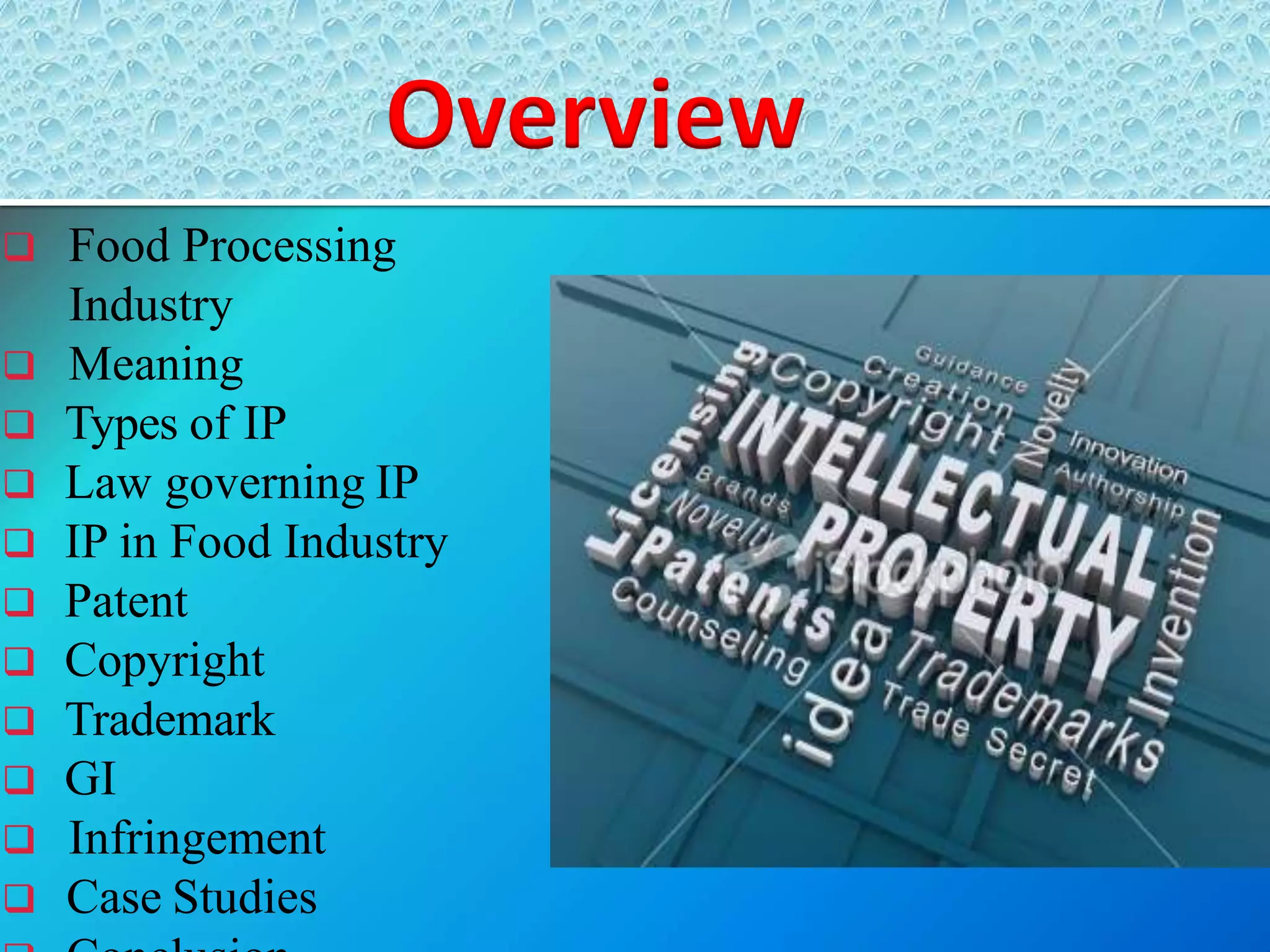  Food Processing
Industry
 Meaning
 Types of IP
 Law governing IP
 IP in Food Industry
 Patent
 Copyright
 Trademark
 GI
 Infringement
 Case Studies
Overview
 