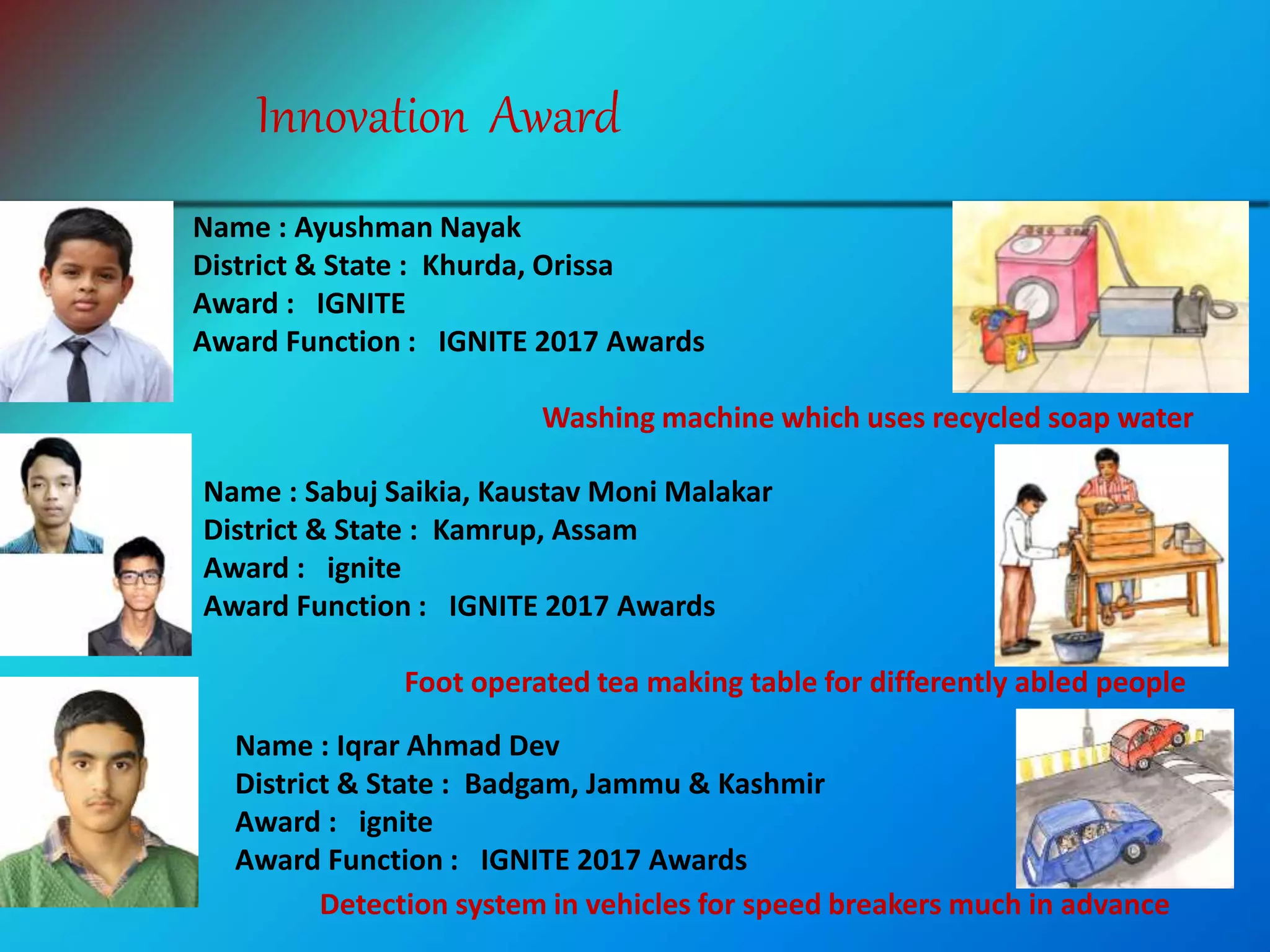 Innovation Award
Name : Ayushman Nayak
District & State : Khurda, Orissa
Award : IGNITE
Award Function : IGNITE 2017 Awards
Washing machine which uses recycled soap water
Name : Sabuj Saikia, Kaustav Moni Malakar
District & State : Kamrup, Assam
Award : ignite
Award Function : IGNITE 2017 Awards
Foot operated tea making table for differently abled people
Name : Iqrar Ahmad Dev
District & State : Badgam, Jammu & Kashmir
Award : ignite
Award Function : IGNITE 2017 Awards
Detection system in vehicles for speed breakers much in advance
 