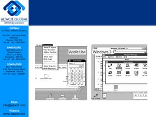 CHENNAI
3rd Floor, ‘Creative Enclave’,
148-150, Luz Church Road,
Mylapore,
Chennai - 600 004.
Tel: +91 - 44 - 2498 4821
BANGALORE
Suite 920, Level 9,
Raheja Towers,
26-27, M G Road,
Bangalore - 560 001.
Tel: +91 - 80 - 6546 2400
COIMBATORE
BB1, Park Avenue,
# 48, Race Course Road,
Coimbatore - 641018.
Tel: +91 - 422 – 6552921
EMAIL
info@altacit.com
WEBSITE
www.altacit.com
 