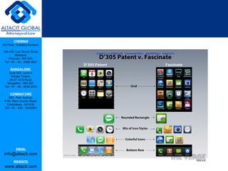 CHENNAI
3rd Floor, ‘Creative Enclave’,
148-150, Luz Church Road,
Mylapore,
Chennai - 600 004.
Tel: +91 - 44 - 2498 4821
BANGALORE
Suite 920, Level 9,
Raheja Towers,
26-27, M G Road,
Bangalore - 560 001.
Tel: +91 - 80 - 6546 2400
COIMBATORE
BB1, Park Avenue,
# 48, Race Course Road,
Coimbatore - 641018.
Tel: +91 - 422 – 6552921
EMAIL
info@altacit.com
WEBSITE
www.altacit.com
 