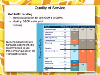 Quality of Service
• QoS traffic handling
– Traffic classification for both GSM & WCDMA
– Marking: DSCP and/or p-bit
– Queuing
Queuing capabilities are
hardware dependent. It is
recommended to use
three or four queues in the
Transport Network.
 