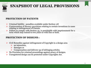 SNAPSHOT OF LEGAL PROVISIONS PROTECTION OF PATENTS Criminal liability : penalties available under Section 118 Contravention of Secrecy provisions relating to certain inventions in cases relating to infringement of Patents Failure to comply with Section 35, is punishable with imprisonment for a term which may extend to two years or with fine or both. PROTECTION OF DESIGNS : Civil Remedies against infringement of Copyright in a design area  an injunction,  damages or  Compensation and delivery up of infringing articles. No Provision for criminal proceedings against piracy of designs. Unregistered design can be protected under Copyrights Act. 
