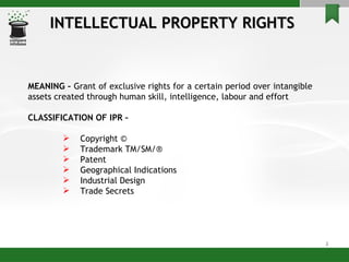 INTELLECTUAL PROPERTY RIGHTS  MEANING –  Grant of exclusive rights for a certain period over intangible assets created through human skill, intelligence, labour and effort  CLASSIFICATION OF IPR – Copyright ©  Trademark TM/SM/® Patent  Geographical Indications Industrial Design Trade Secrets 