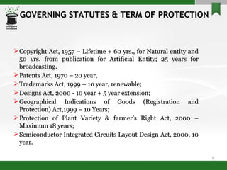 GOVERNING STATUTES & TERM OF PROTECTION   Copyright Act, 1957 – Lifetime + 60 yrs., for Natural entity and 50 yrs. from publication for Artificial Entity; 25 years for broadcasting. Patents Act, 1970 – 20 year,  Trademarks Act, 1999 – 10 year, renewable; Designs Act, 2000 - 10 year + 5 year extension; Geographical Indications of Goods (Registration and Protection) Act,1999 – 10 Years; Protection of Plant Variety & farmer’s Right Act, 2000 – Maximum 18 years; Semiconductor Integrated Circuits Layout Design Act, 2000, 10 year.  