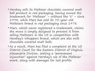 • Mars said in the lawsuit: "Hershey did not actually
develop a unique product under the Malteser mark.
Hershey sporadical...