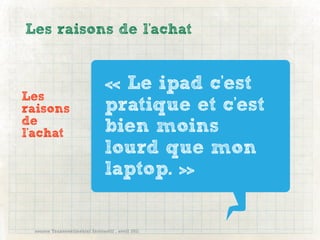 Les raisons de l'achat


                                « Le ipad c'est
Les
raisons                         pratique et c'est
de
l'achat                         bien moins
                                lourd que mon
                                laptop. »

 source Transcontinental Interactif , avril 2011
 