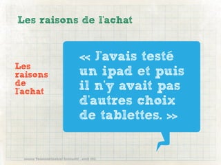 Les raisons de l'achat


                                     « J'avais testé
Les
raisons                              un ipad et puis
de                                   il n'y avait pas
l'achat
                                     d'autres choix
                                     de tablettes. »


 source Transcontinental Interactif , avril 2011
 