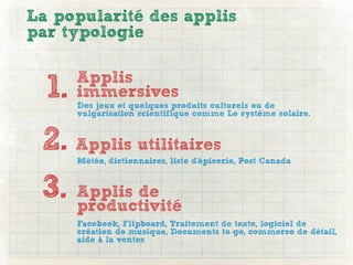 La popularité des applis
par typologie

       Applis
  1.   immersives
       Des jeux et quelques produits culturels ou de
       vulgarisation scientifique comme Le système solaire.



 2. Applis utilitaires
       Météo, dictionnaires, liste d'épicerie, Post Canada



 3. Applis de
    productivité
       Facebook, Flipboard, Traitement de texte, logiciel de
       création de musique, Documents to go, commerce de détail,
       aide à la ventes
 