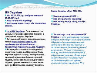Колізії між ЦК України та спеціальними Законами про ІВКолізії між ЦК України та спеціальними Законами про ІВ
ЦК України
від 16.01.2003 р. (набрав чинності
01.01.2014 р.);
має загальний харакер;
має вищу юрид. силу, ніж спеціальні
закони.
ст. 4 ЦК України - Основним актом
цивільного законодавства України є
Цивільний кодекс України.
Актами цивільного законодавства є
також інші закони України, які
приймаються відповідно до
Конституції України та цього Кодексу.
Якщо суб'єкт права законодавчої
ініціативи подав до Верховної Ради
України проект закону, який регулює
цивільні відносини інакше, ніж цей
Кодекс, він зобов'язаний одночасно
подати проект закону про внесення
змін до Цивільного кодексу України.
Закон України «Про АП і СП»
Закон в редакції 2001 р.
має спеціальний характер
має нижчу юрид. силу, ніж ЦК
України.
Застосовується положення ЦК
України - п. 35 постанови Пленуму
Вищого господарського суду України
«Про деякі питання практики
вирішення спорів, пов'язаних із
захистом прав інтелектуальної
власності» №12 від 17.10.2012 р.;
п. 24 постанови Пленуму ВСУ
«Про застосування судами норм
законодавства у справах про
захист авторського права і
суміжних прав» 04.06.2010 № 5.
 