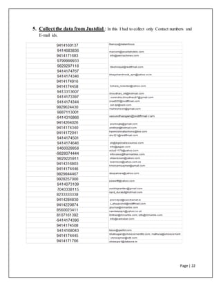 Page | 22
5. Collectthe data from Justdial : In this I had to collect only Contact numbers and
E-mail ids.
 