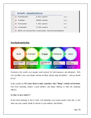 Page | 28
Facebook marketing
Facebook is the world's most popular social network for both businesses and individuals. With
over one billion users, your friends and fans are likely already using the platform -- and you should
be too!
In fact, people are 51% more likely to make a purchase after "liking" a brand on Facebook.
Face book marketing requires a good intellects and unique thinking to make the campaign
effective.
So what we have today!!!!
In face book marketing in fact in visual /web marketing your content speaks a loud that is why
make sure your content should be relevant to your audience and business.
 