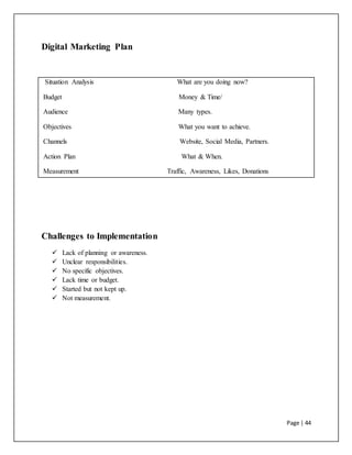 Page | 44
Digital Marketing Plan
Situation Analysis What are you doing now?
Budget Money & Time/
Audience Many types.
Objectives What you want to achieve.
Channels Website, Social Media, Partners.
Action Plan What & When.
Measurement Traffic, Awareness, Likes, Donations
Challenges to Implementation
 Lack of planning or awareness.
 Unclear responsibilities.
 No specific objectives.
 Lack time or budget.
 Started but not kept up.
 Not measurement.
 