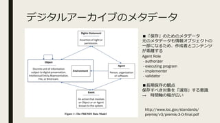 ǥ륢`֤Υ᥿ǩ`
桹ΤΥ᥿ǩ`
ԪΥ᥿ǩ`󥪥֥Ȥ
һˤʤ뤿ᡢߤȥƥ
x
Agent Role
- authorizer
- executing program
- implementer
- validator
LڱQ
椹٤xeR
 rgSηڤ
http://www.loc.gov/standards/
premis/v3/premis-3-0-final.pdf
 