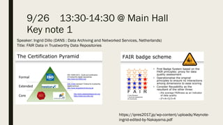 9/26 13:30-14:30 @ Main Hall
Key note 1
Speaker: Ingrid Dillo (DANS : Data Archiving and Networked Services, Netherlands)
Title: FAIR Data in Trustworthy Data Repositories
https://ipres2017.jp/wp-content/uploads/Keynote-
ingrid-edited-by-Nakayama.pdf
 