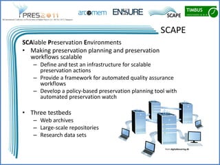 SCAPE
SCAlable Preservation Environments
• Making preservation planning and preservation
  workflows scalable
   – Define and test an infrastructure for scalable
     preservation actions
   – Provide a framework for automated quality assurance
     workflows
   – Develop a policy-based preservation planning tool with
     automated preservation watch

• Three testbeds
   – Web archives
   – Large-scale repositories
   – Research data sets

                                                      from digitalbevaring.dk
 