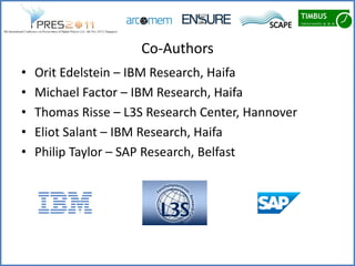 Co-Authors
•   Orit Edelstein – IBM Research, Haifa
•   Michael Factor – IBM Research, Haifa
•   Thomas Risse – L3S Research Center, Hannover
•   Eliot Salant – IBM Research, Haifa
•   Philip Taylor – SAP Research, Belfast
 