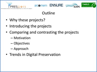 Outline
• Why these projects?
• Introducing the projects
• Comparing and contrasting the projects
  – Motivation
  – Objectives
  – Approach
• Trends in Digital Preservation
 