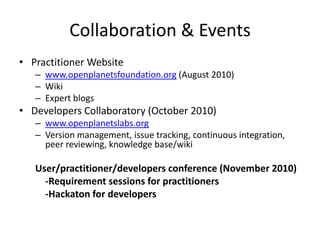 Collaboration & EventsPractitioner Websitewww.openplanetsfoundation.org (August 2010)WikiExpert blogsDevelopers Collaboratory (October 2010)www.openplanetslabs.orgVersion management, issue tracking, continuous integration, peer reviewing, knowledge base/wikiUser/practitioner/developers conference (November 2010)	-Requirement sessions for practitioners	-Hackaton for developers